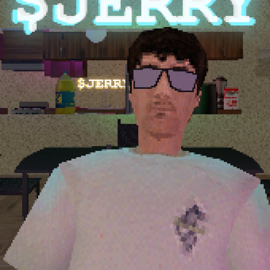 Jerry, PSX portrait under the $JERRY neon
