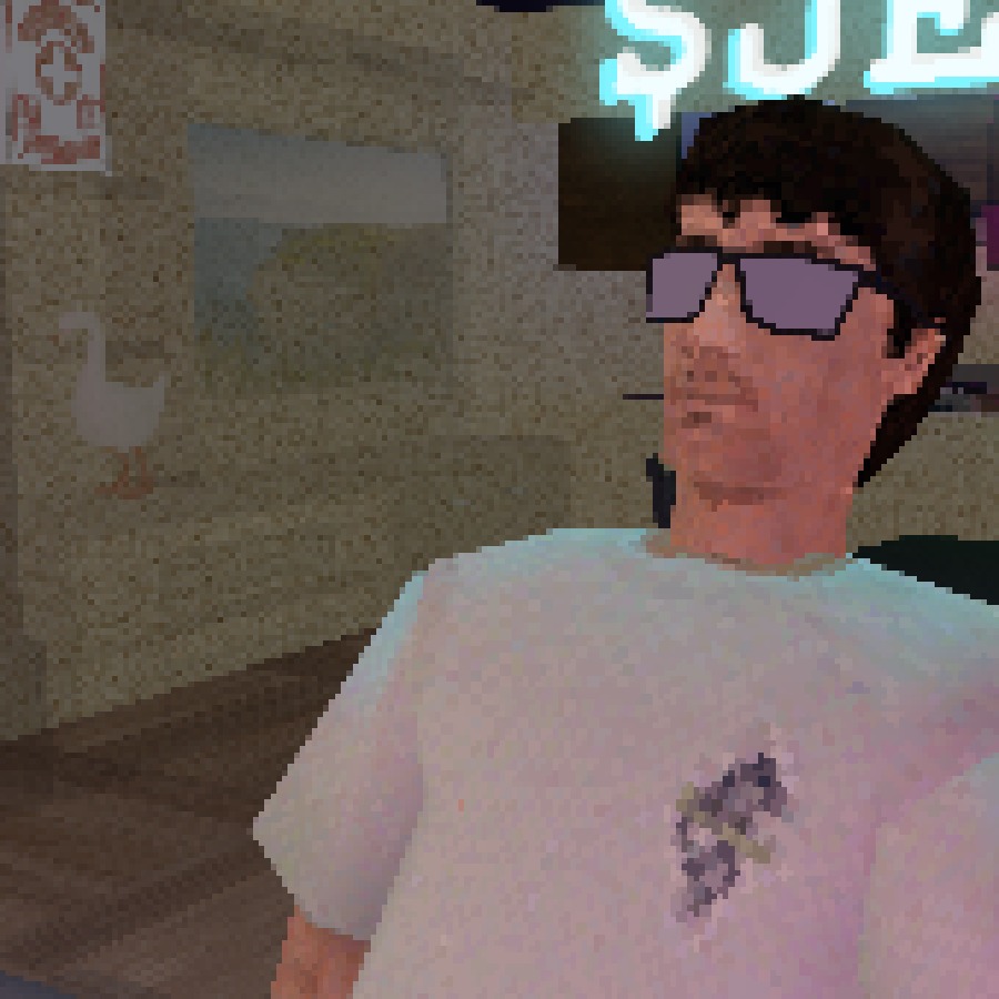Jerry at 3am, sunglasses on, goose in the background